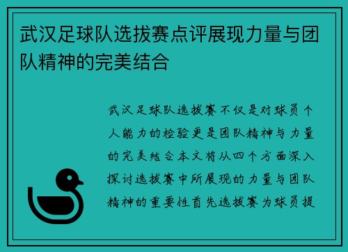 武汉足球队选拔赛点评展现力量与团队精神的完美结合