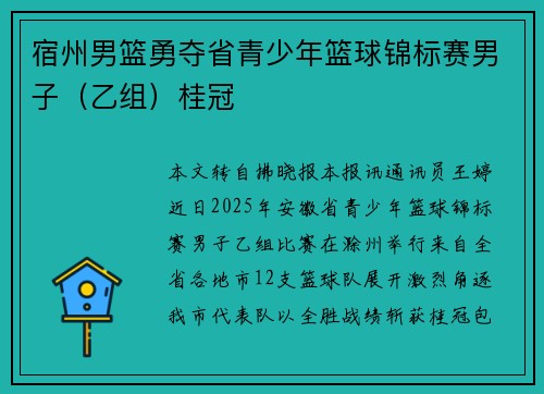 宿州男篮勇夺省青少年篮球锦标赛男子（乙组）桂冠